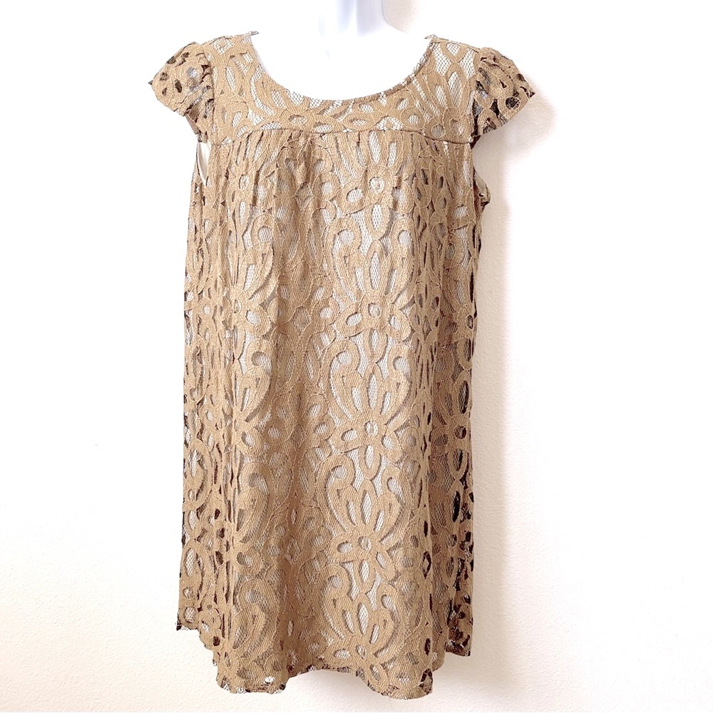 INC International Concepts Gold/Black Lace overlay cap sleeve cocktail d…